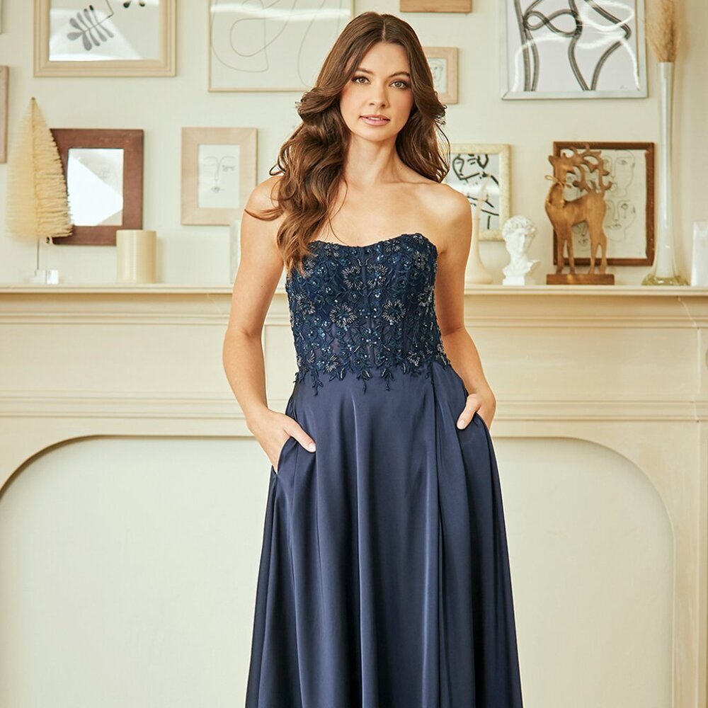 New Navy Floral Lace Embellished Graduation Dress w/ Pocketed Skirt AC 6204